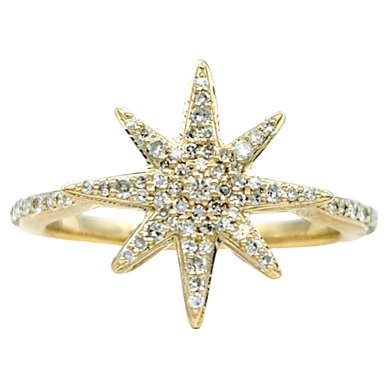 Pavé Diamond 8-Point Star Motif Band Ring in Polished 14 Karat Yellow Gold For Sale