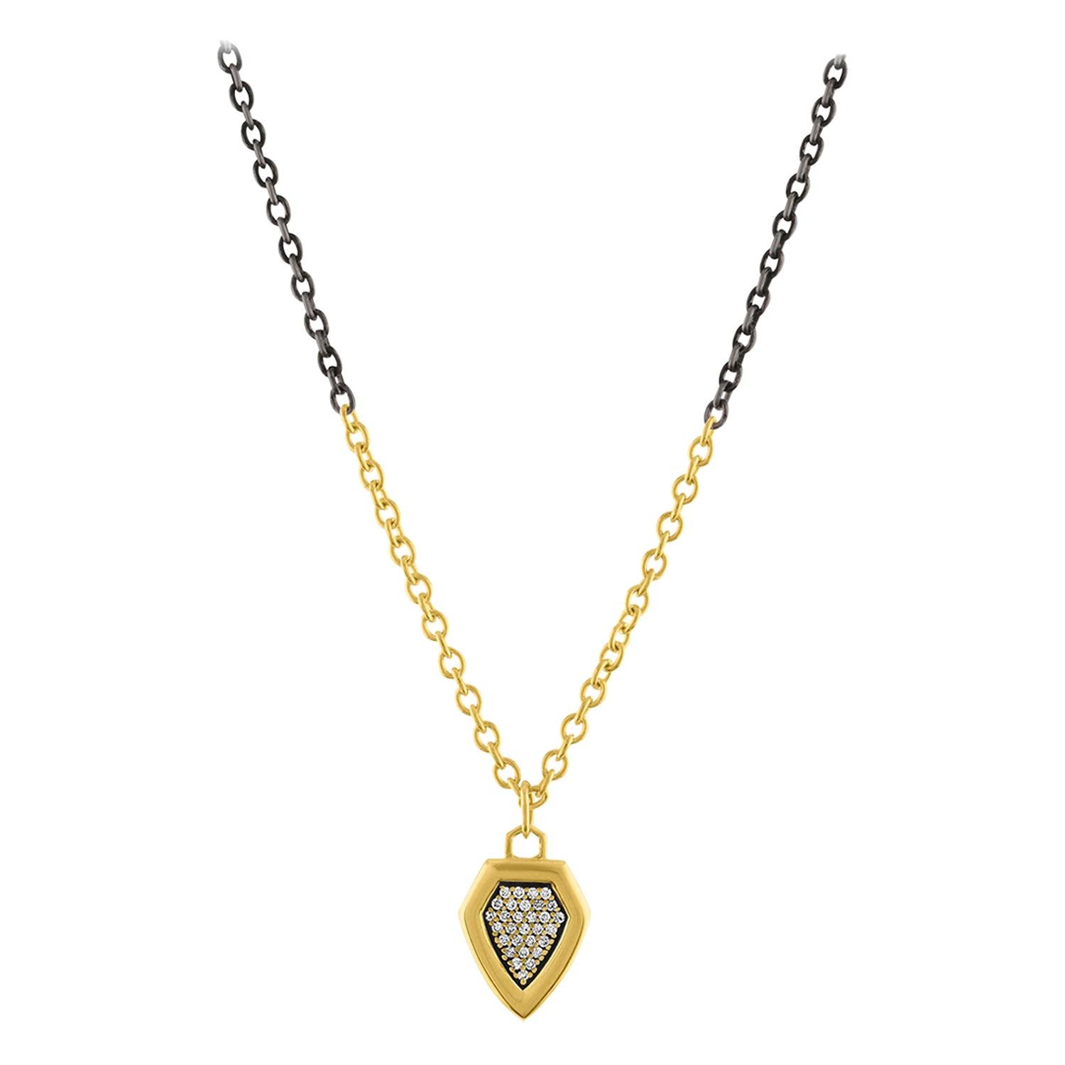 Pave Diamond and 14 Karat Gold Shield Pendant For Sale