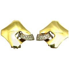 Pave Diamond and 18 Karat White and Yellow Gold Clip Earrings