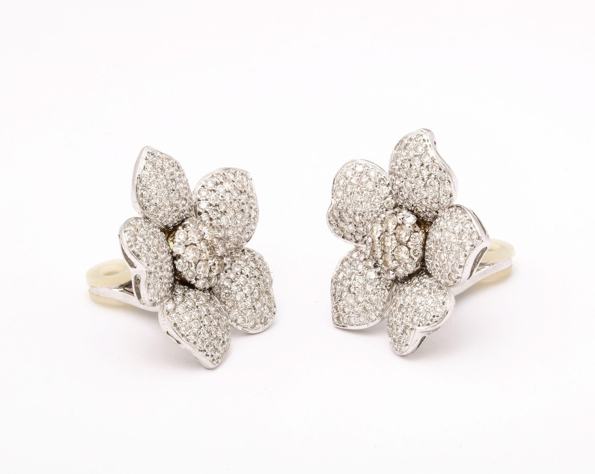 Pave Diamond and 18k White Gold Floral and Petal Clip Earrings 1