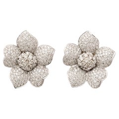 Pave Diamond and 18k White Gold Floral and Petal Clip Earrings