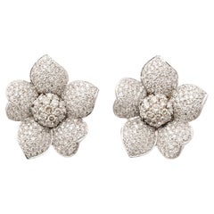 Pave Diamond and 18k White Gold Floral and Petal Clip Earrings
