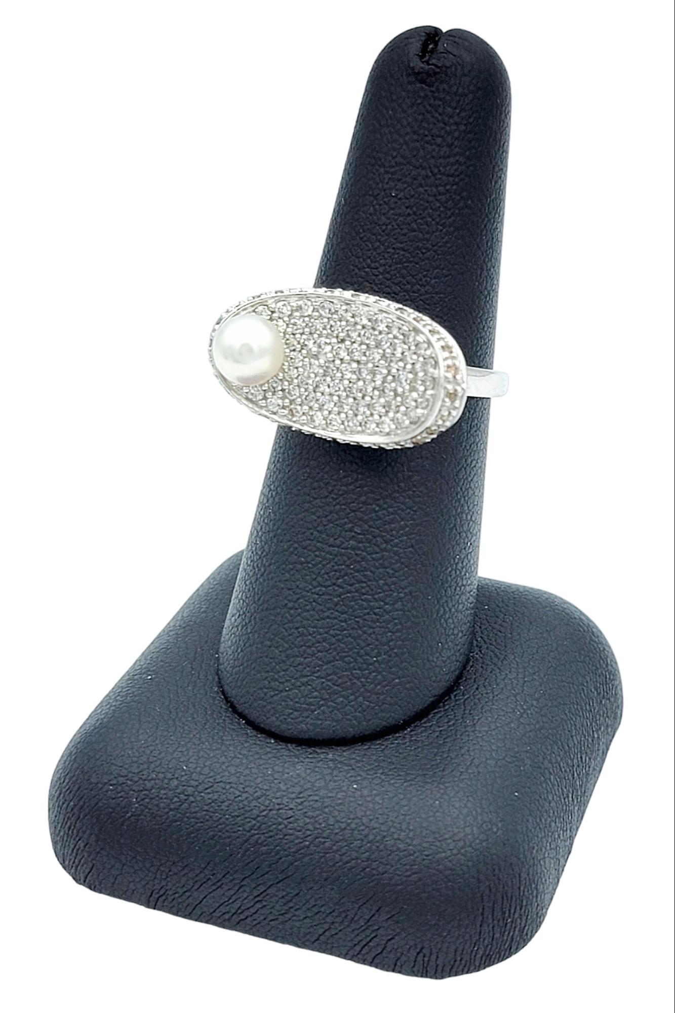 Pave Diamond and Akoya Pearl Oval Concave Cocktail Ring in 14 Karat White Gold For Sale 4