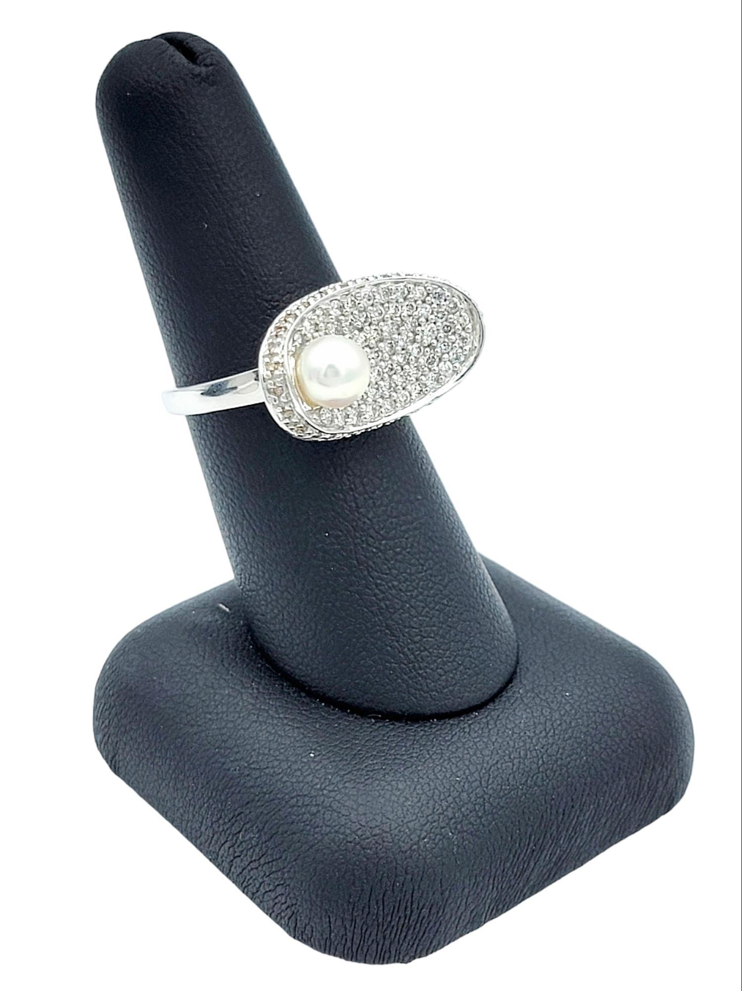 Pave Diamond and Akoya Pearl Oval Concave Cocktail Ring in 14 Karat White Gold For Sale 5