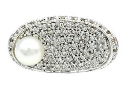 Pavé Diamond and Akoya Pearl Oval Concave Cocktail Ring in 14 Karat White Gold