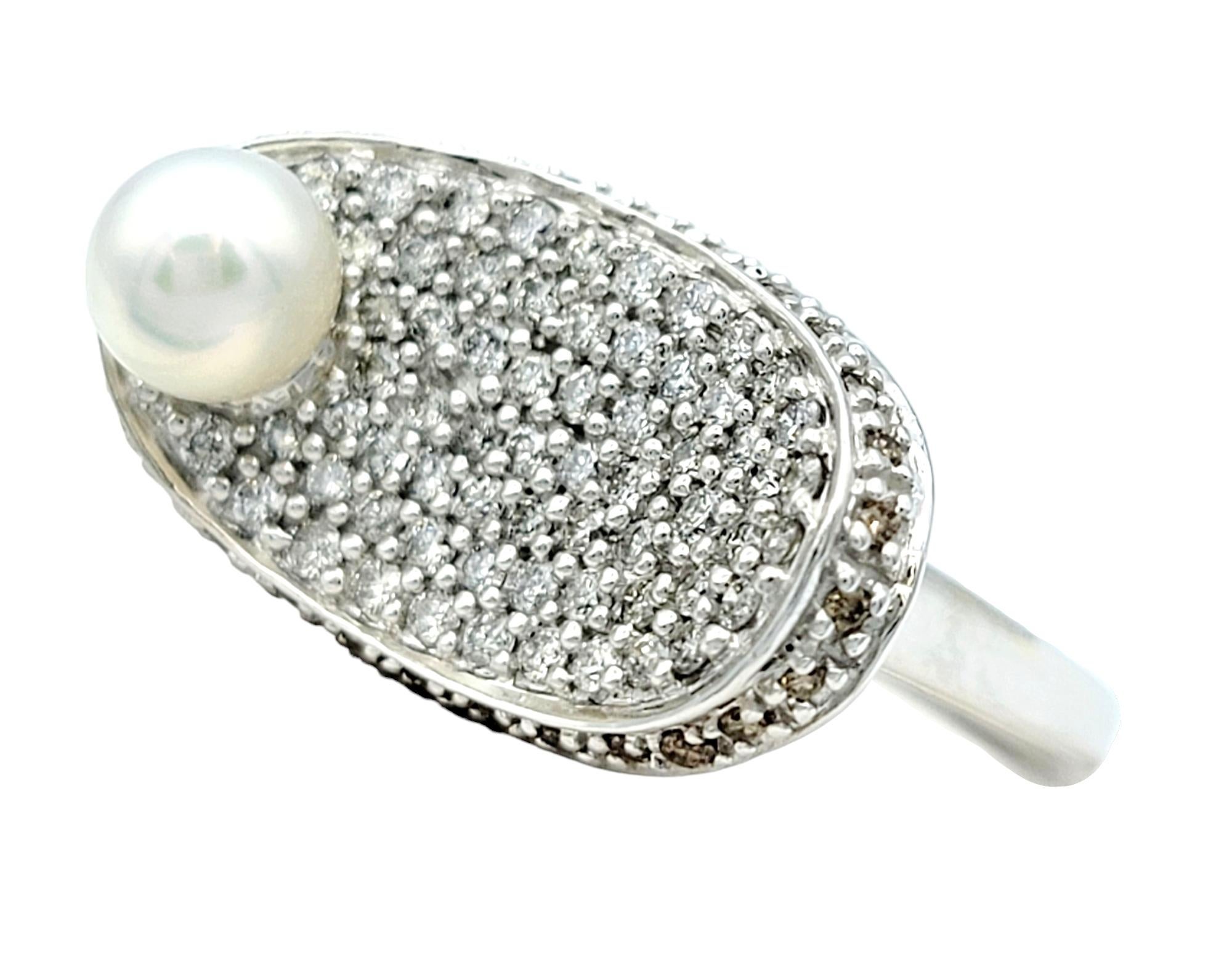 Contemporary Pave Diamond and Akoya Pearl Oval Concave Cocktail Ring in 14 Karat White Gold For Sale
