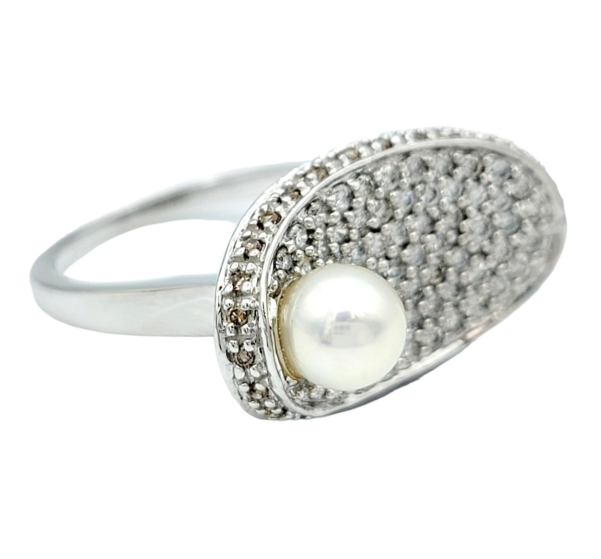 Round Cut Pave Diamond and Akoya Pearl Oval Concave Cocktail Ring in 14 Karat White Gold For Sale