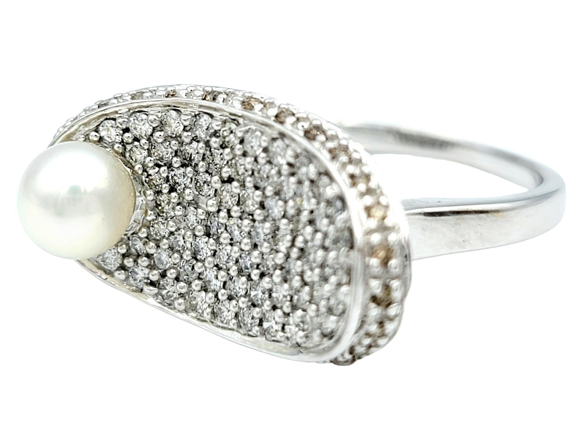 Pave Diamond and Akoya Pearl Oval Concave Cocktail Ring in 14 Karat White Gold In Good Condition For Sale In Scottsdale, AZ