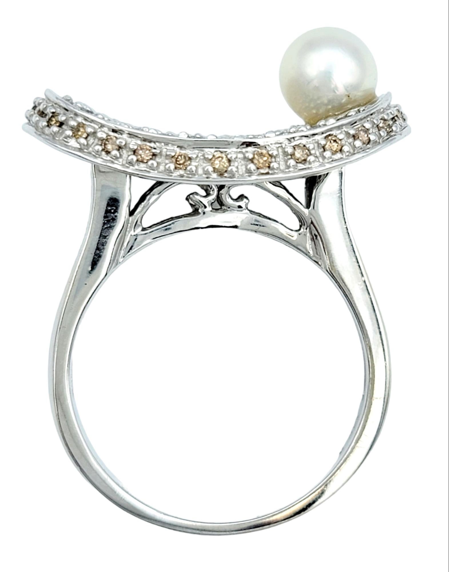 Women's Pave Diamond and Akoya Pearl Oval Concave Cocktail Ring in 14 Karat White Gold For Sale