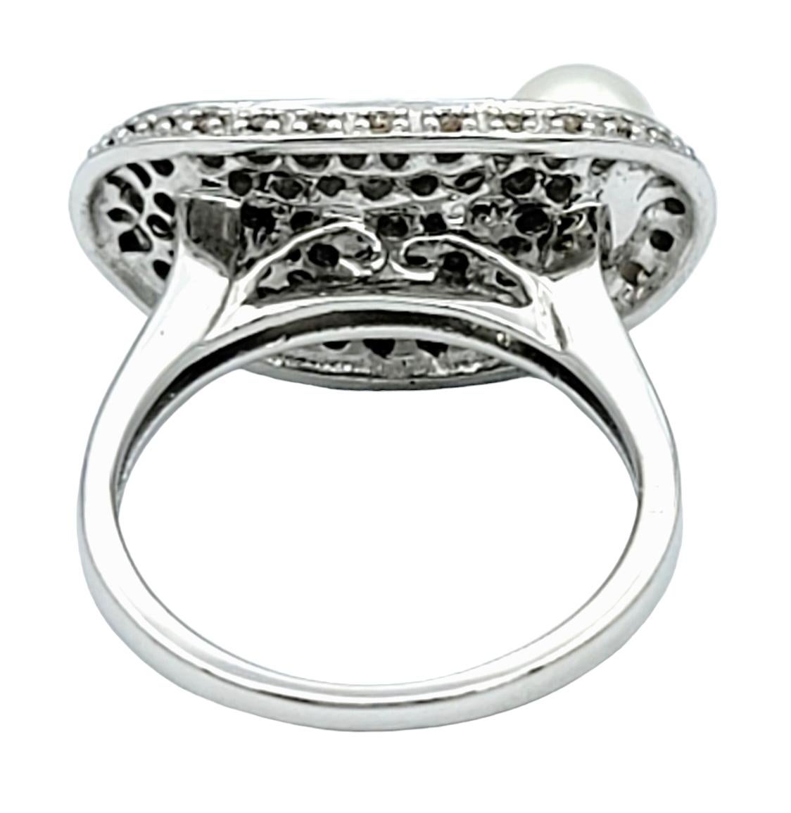Pave Diamond and Akoya Pearl Oval Concave Cocktail Ring in 14 Karat White Gold For Sale 1