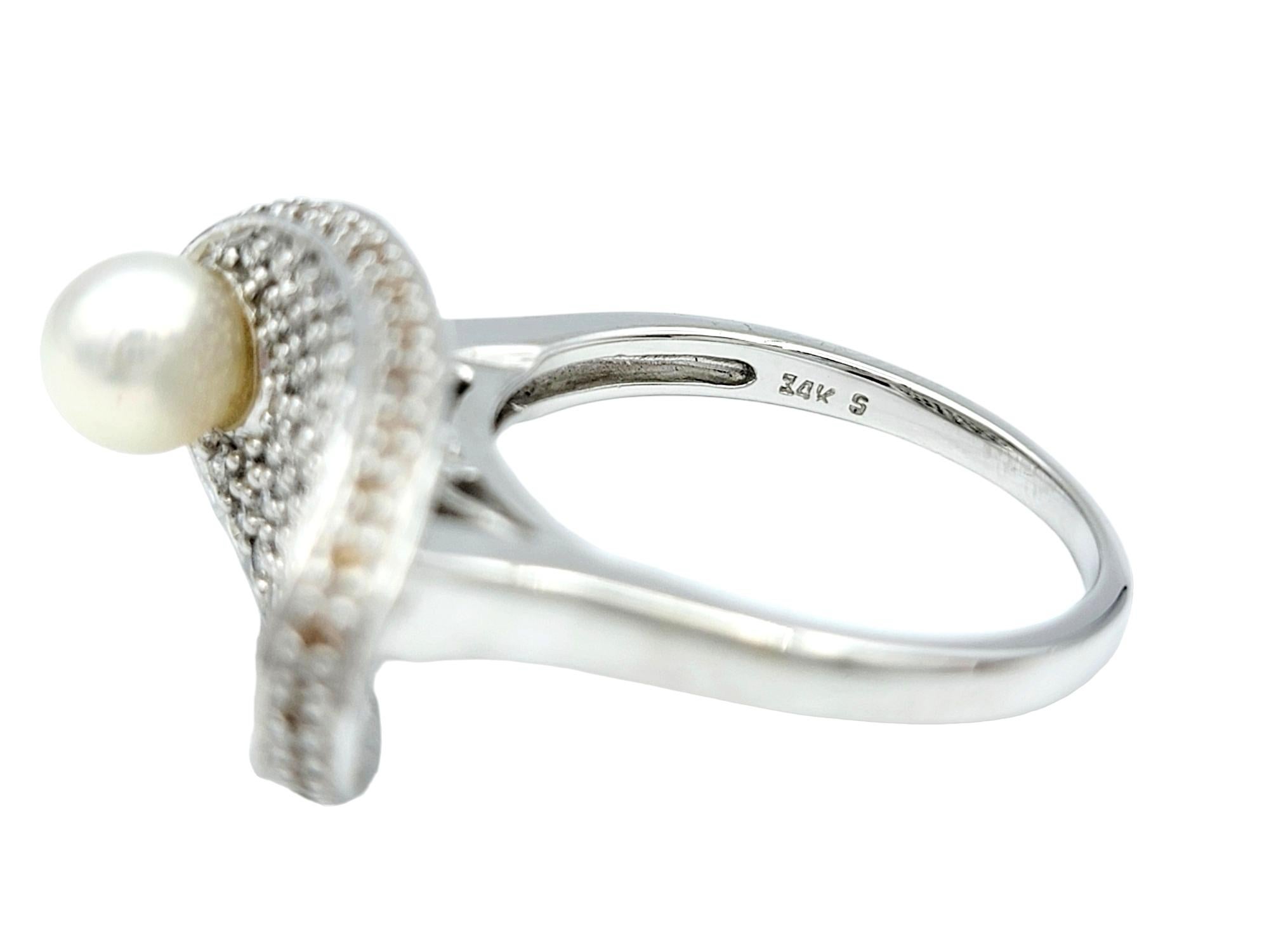 Pave Diamond and Akoya Pearl Oval Concave Cocktail Ring in 14 Karat White Gold For Sale 2