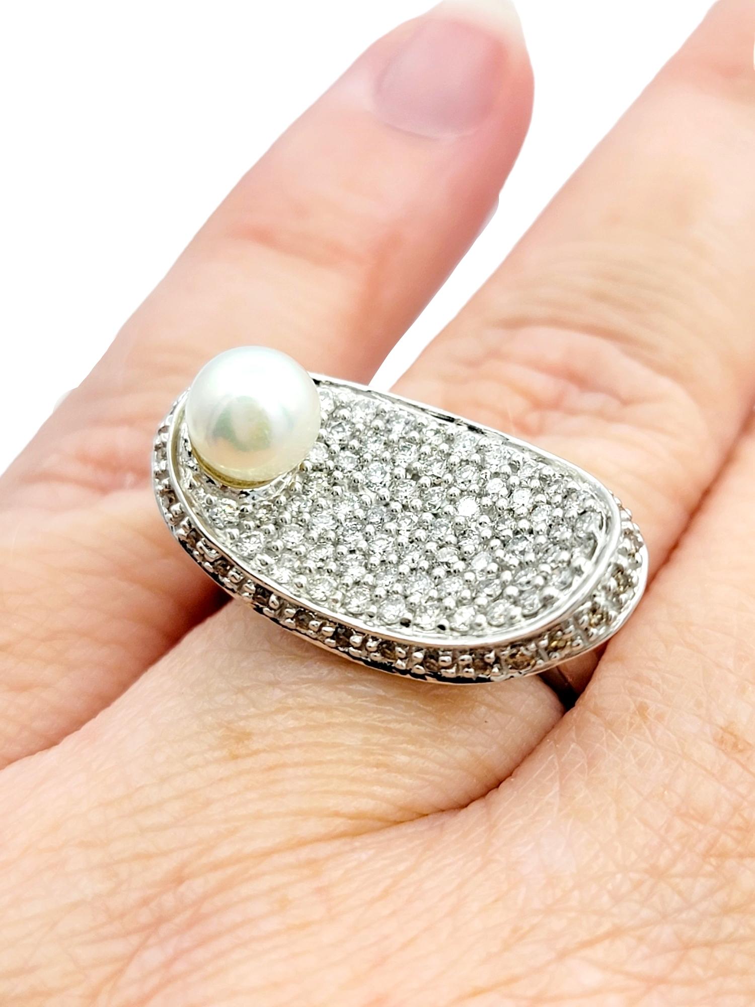 Pave Diamond and Akoya Pearl Oval Concave Cocktail Ring in 14 Karat White Gold For Sale 3