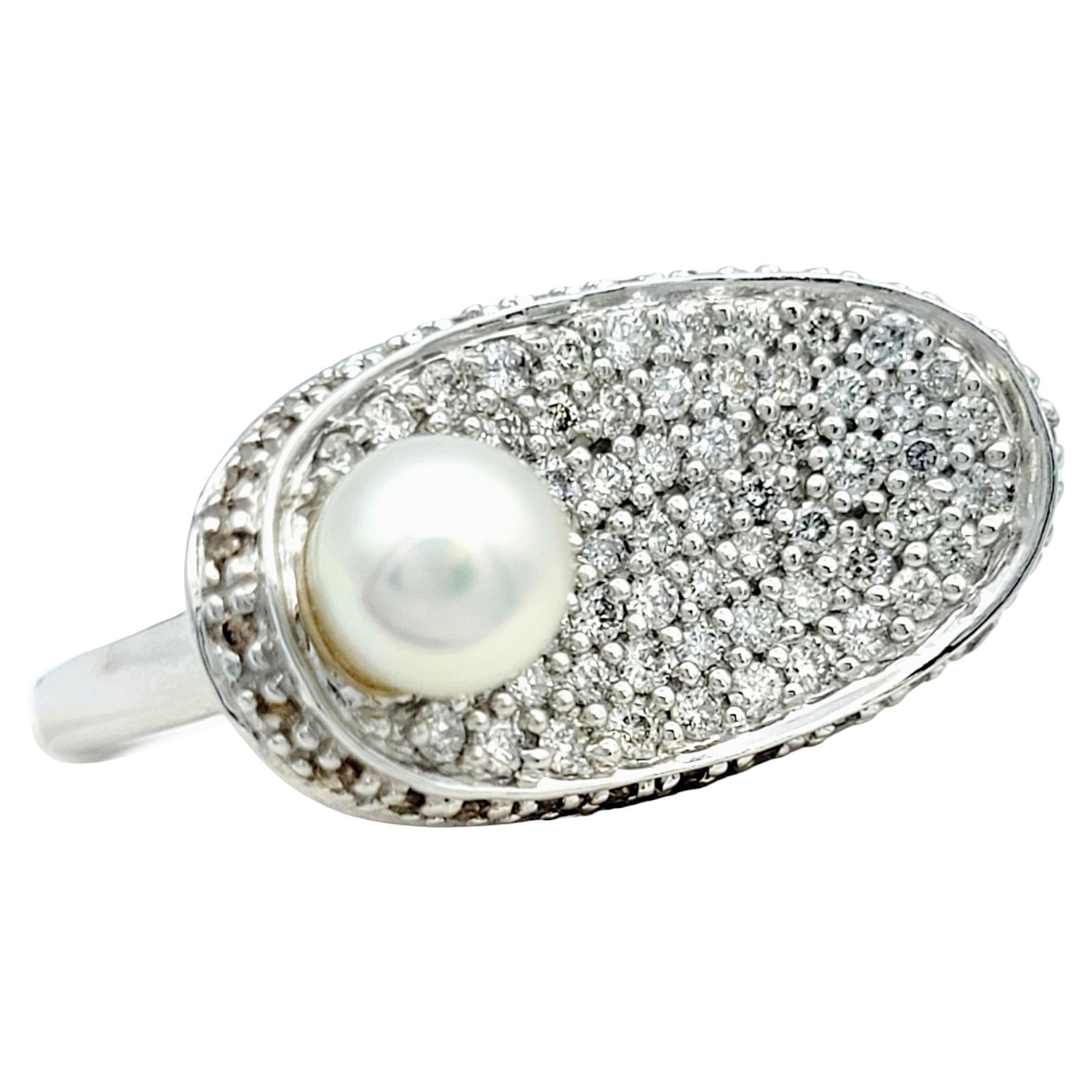 Pave Diamond and Akoya Pearl Oval Concave Cocktail Ring in 14 Karat White Gold For Sale