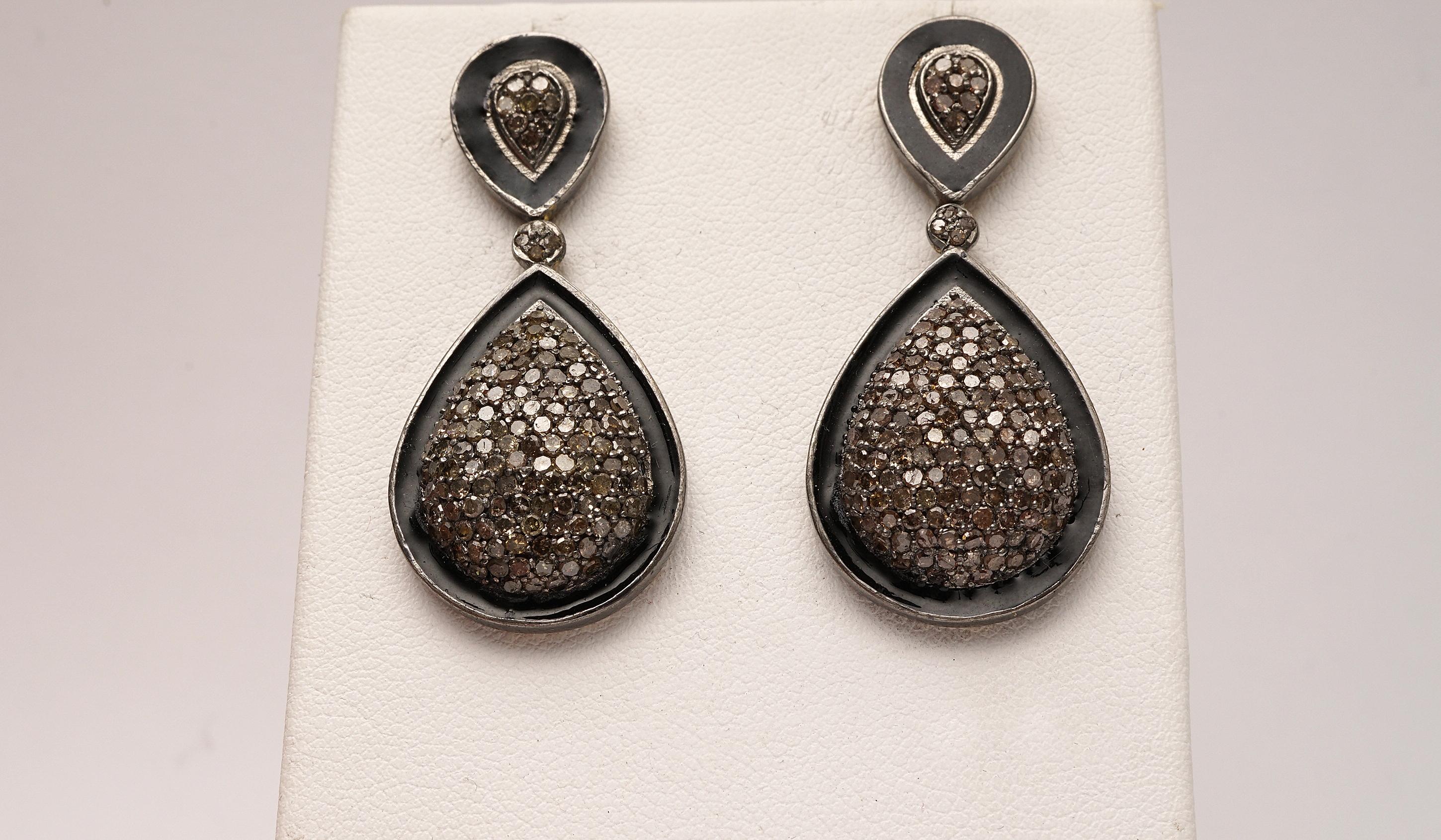 Women's or Men's Pave` Diamond and Black Enamel Drop Earrings