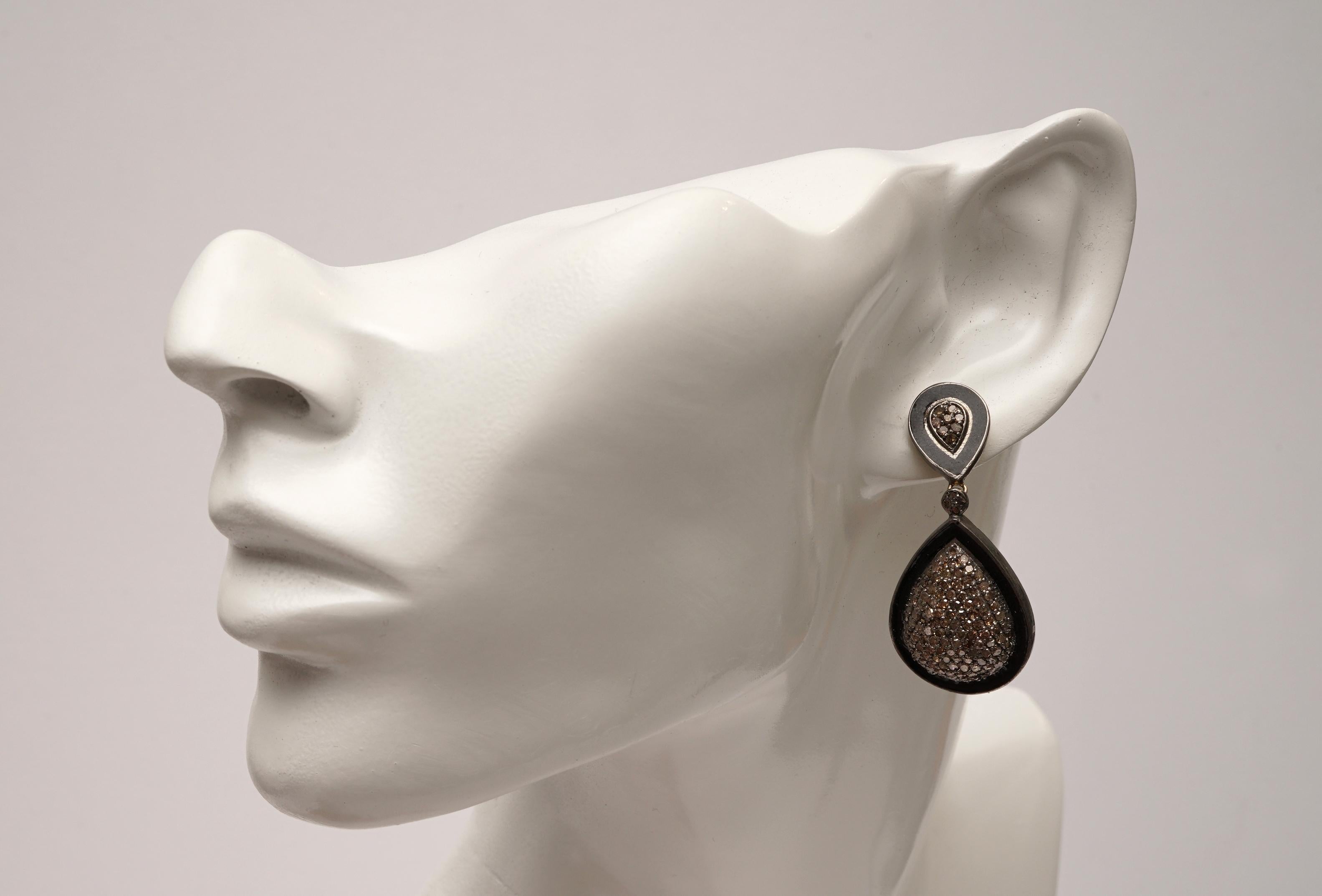 Pave` Diamond and Black Enamel Drop Earrings 1