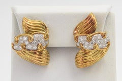 Pave Diamond and Gold Fluted Ribbon Earrings