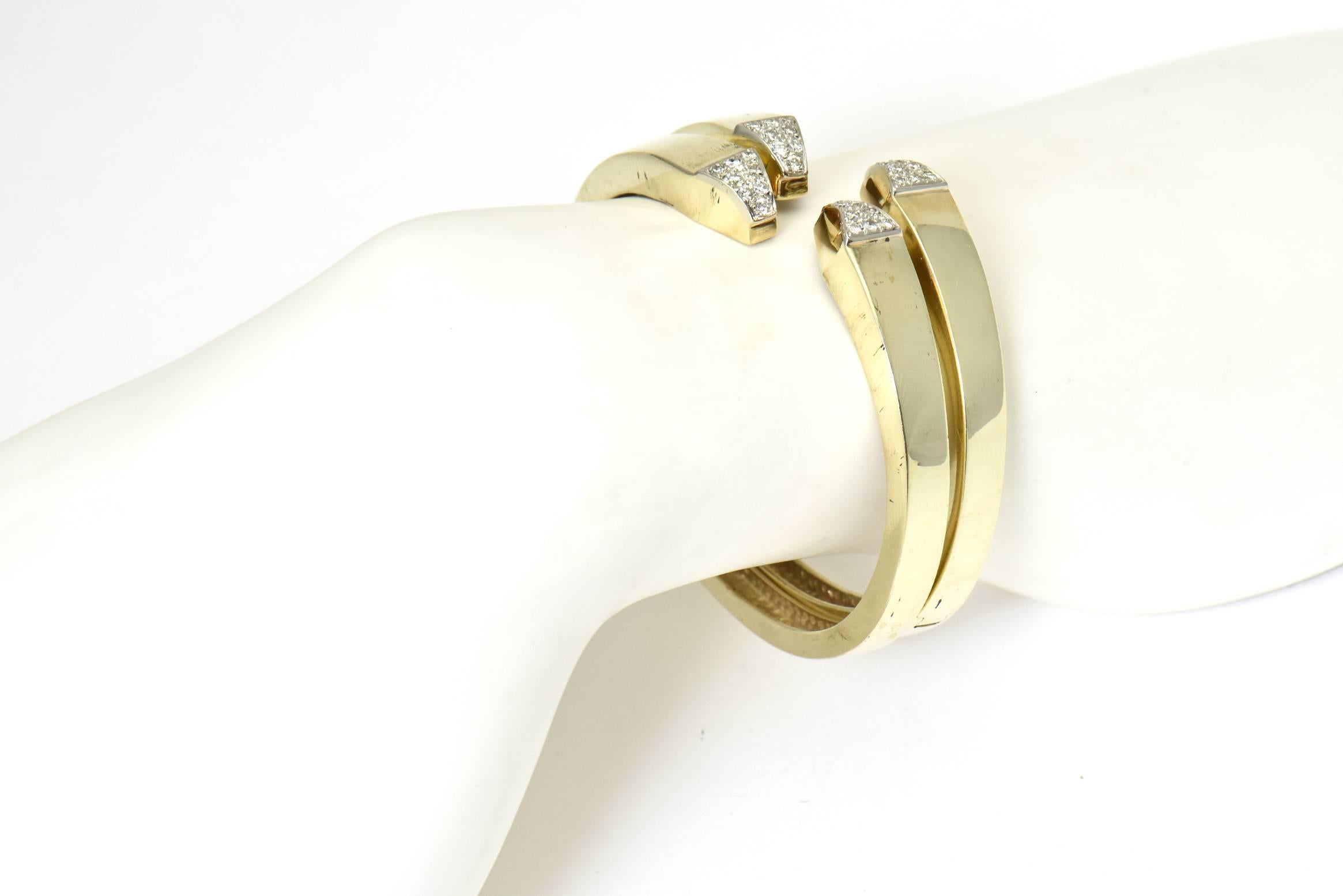 Pave Diamond and Gold Geometric Bangle Bracelets, Pair 1