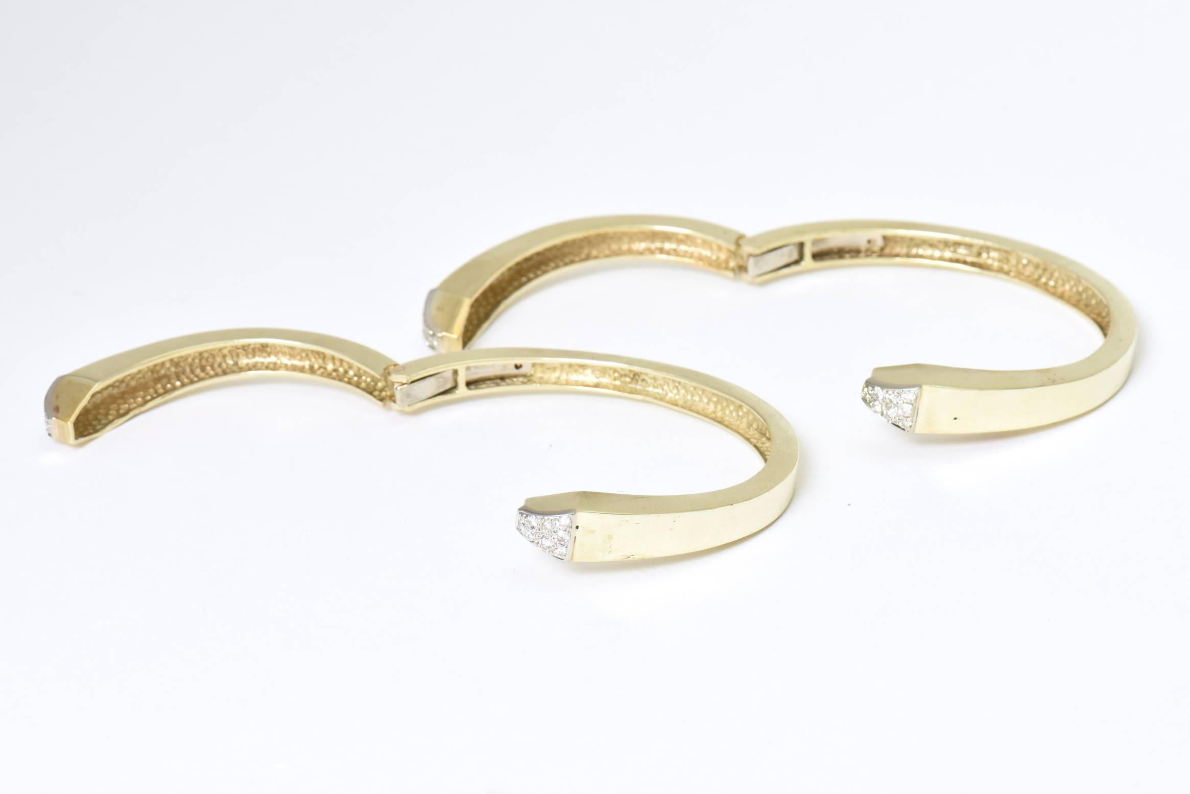 Pave Diamond and Gold Geometric Bangle Bracelets, Pair 2