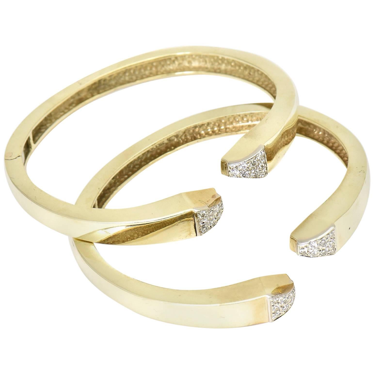 Pave Diamond and Gold Geometric Bangle Bracelets, Pair