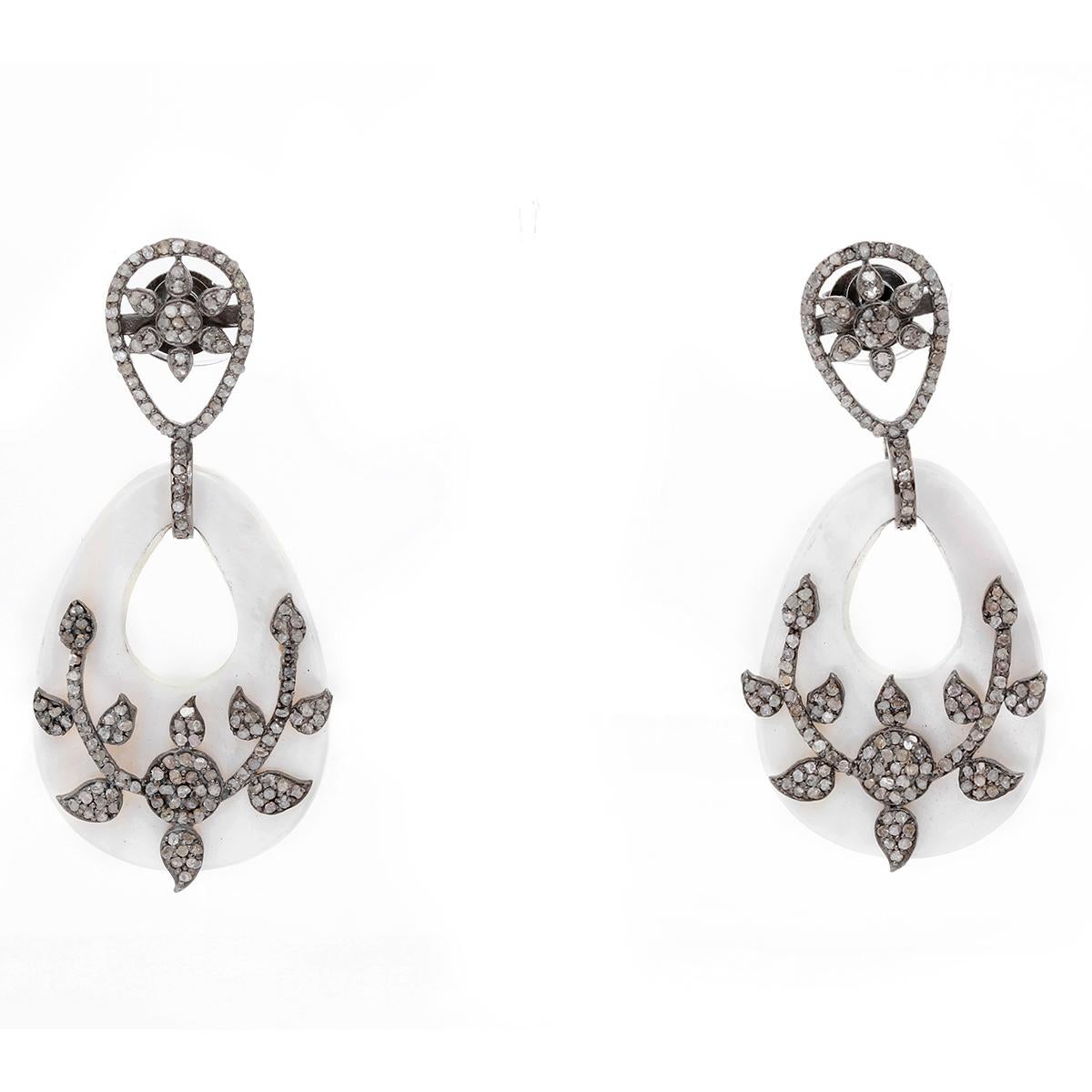 Pave Diamond and Mother of Pearl Dangling Earrings For Sale