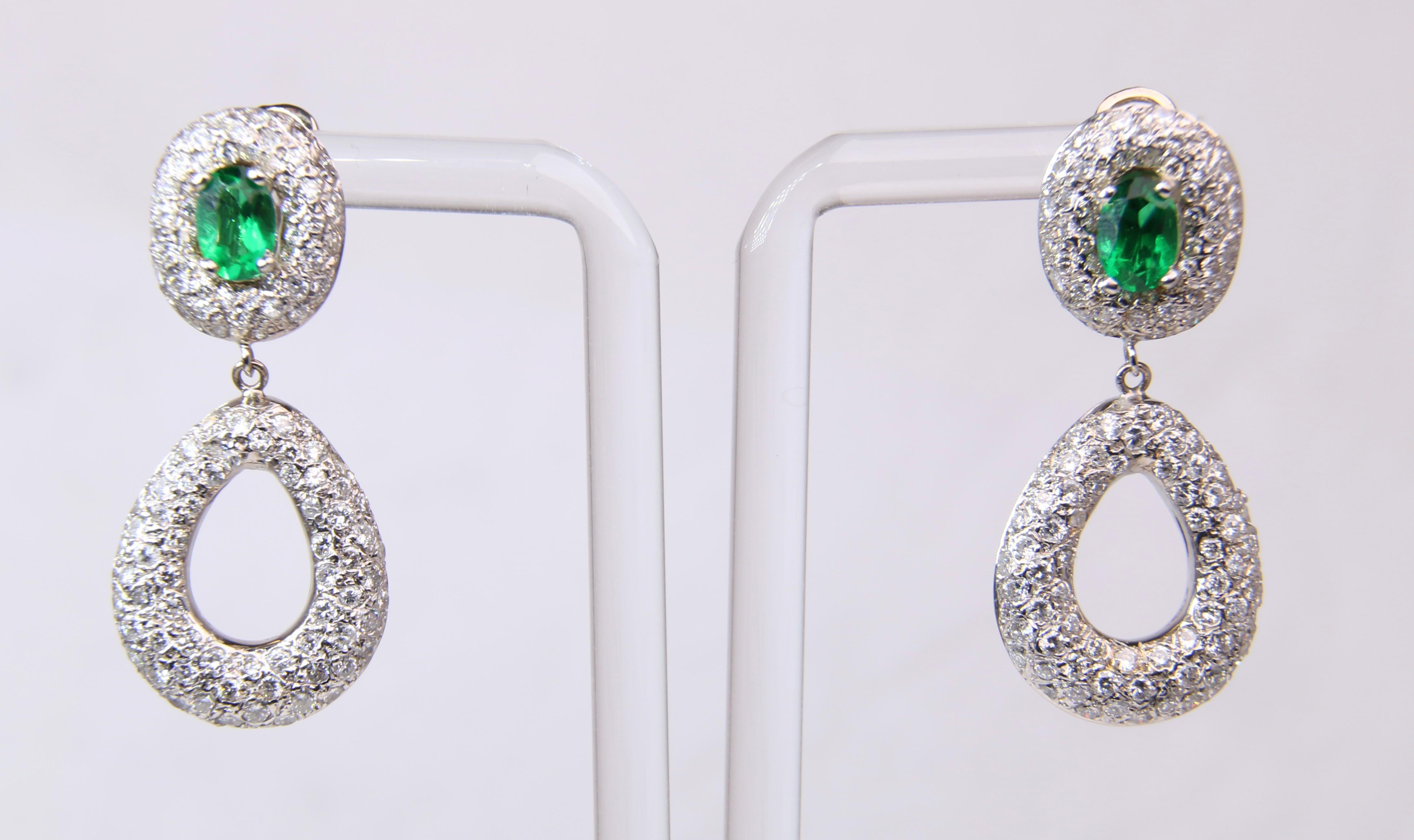 Modern Pave Diamond and Oval Emerald Earrings For Sale