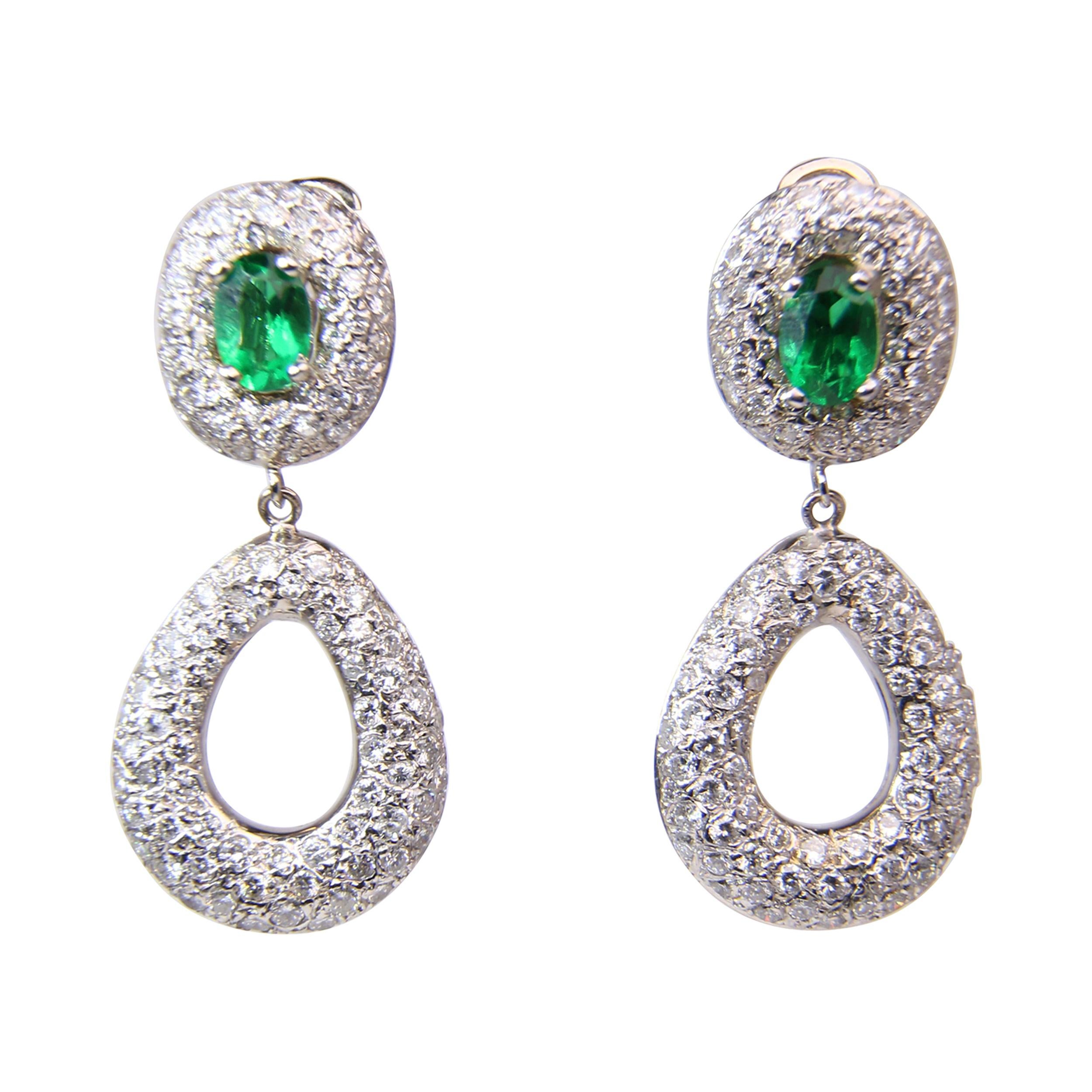 Pave Diamond and Oval Emerald Earrings For Sale