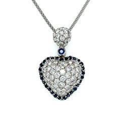 Pave Diamond and Sapphire Halo Heart Pendant Necklace Estate Fine Jewelry