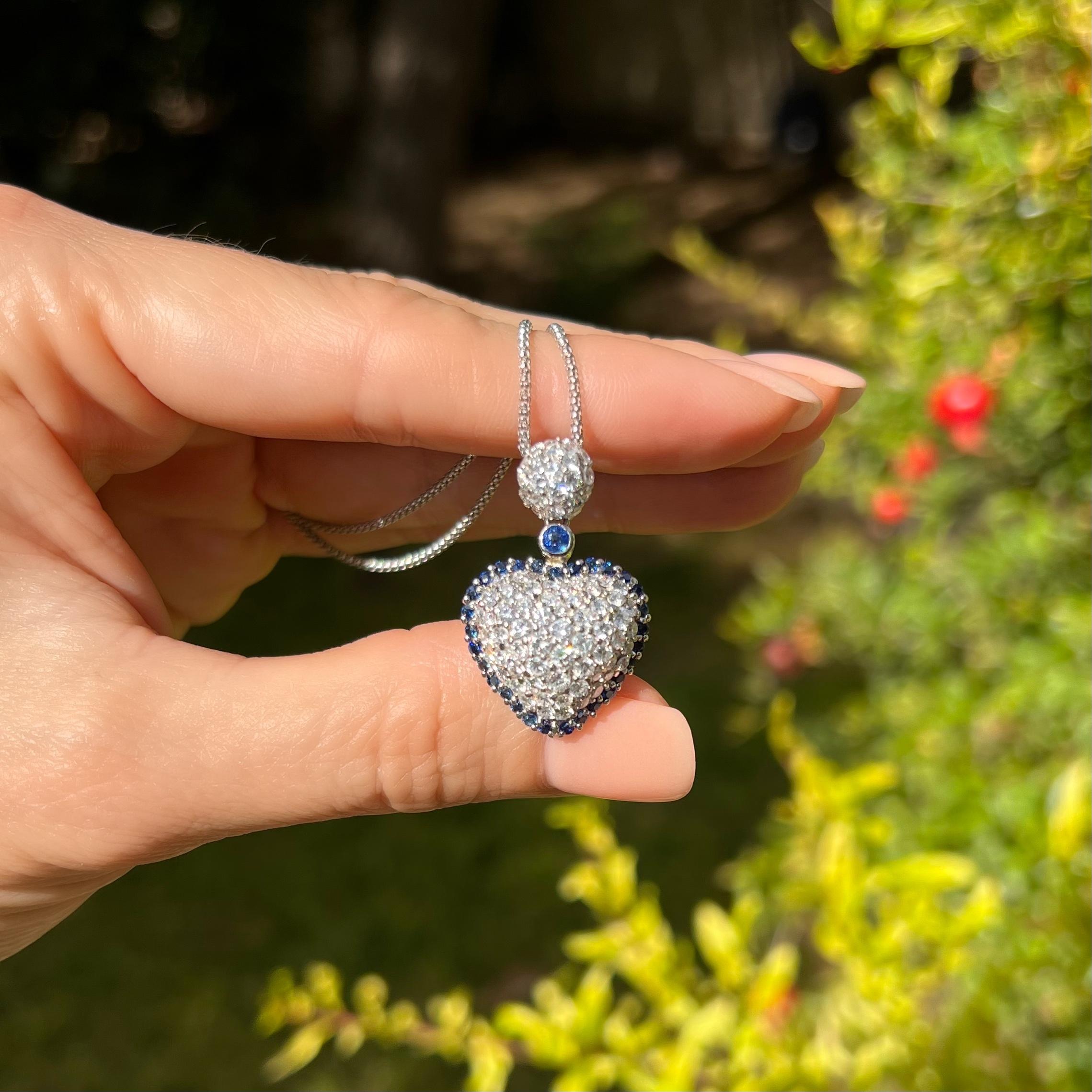 Modern Pave Diamond and Sapphire Halo Heart Pendant Necklace Estate Fine Jewelry For Sale