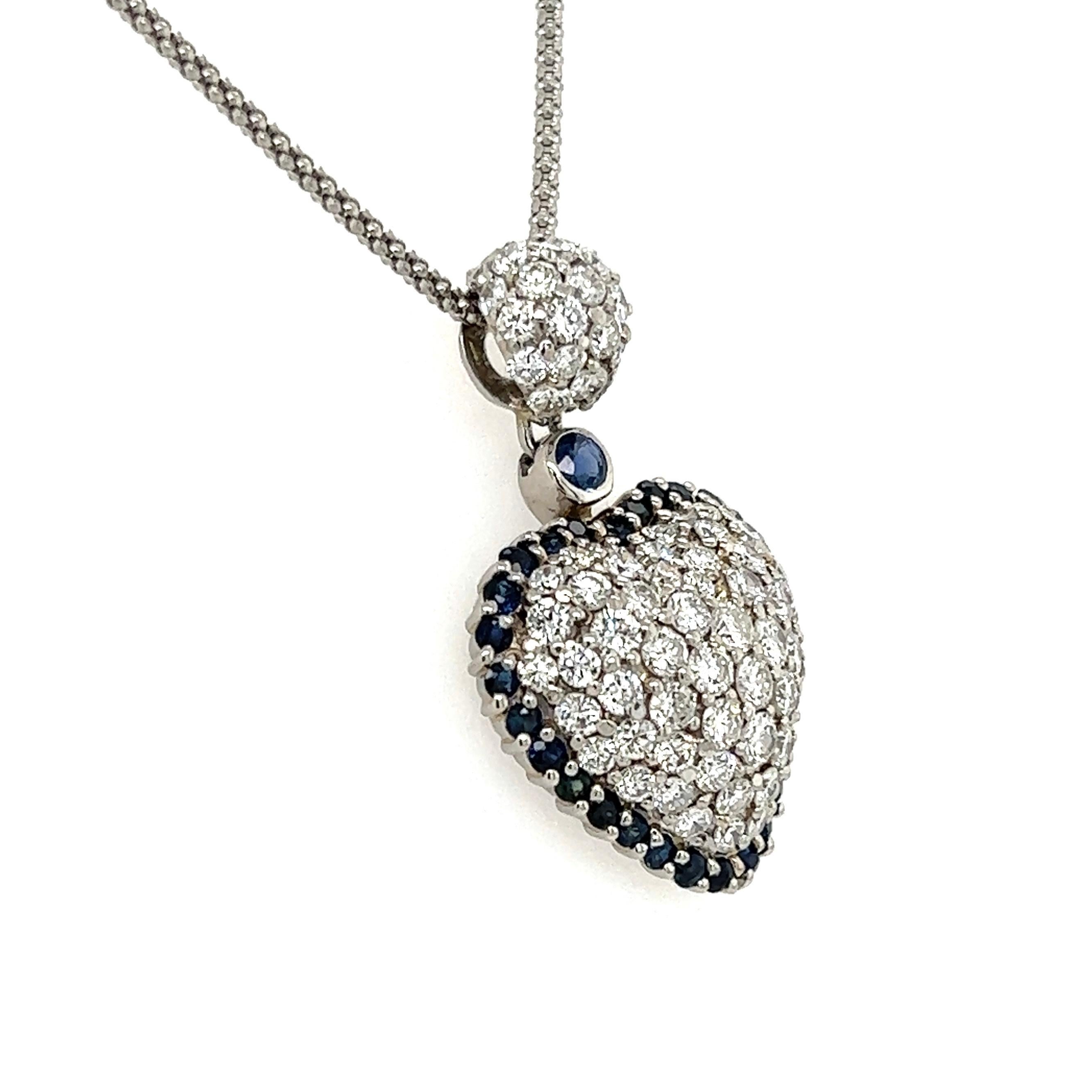 Round Cut Pave Diamond and Sapphire Halo Heart Pendant Necklace Estate Fine Jewelry For Sale