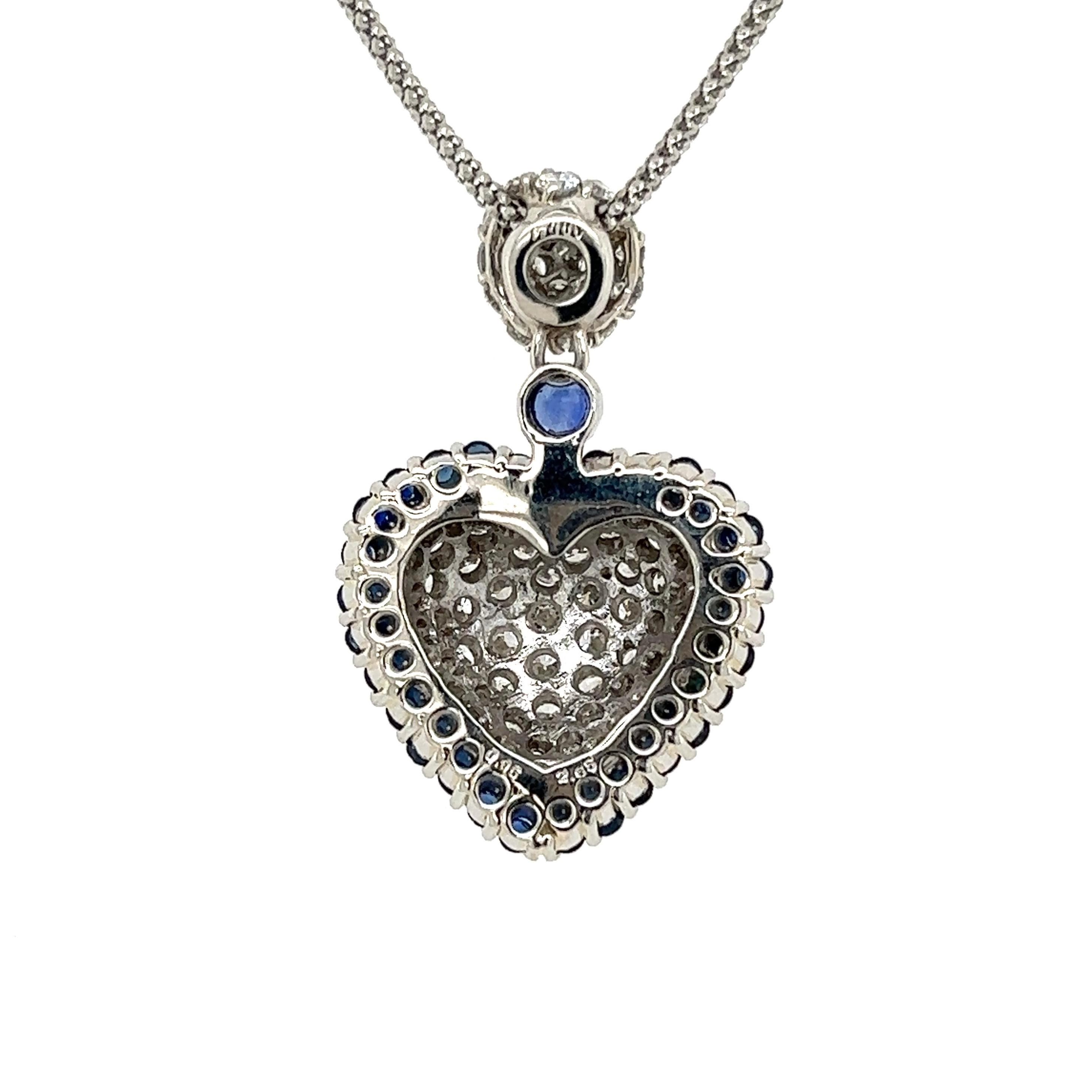 Pave Diamond and Sapphire Halo Heart Pendant Necklace Estate Fine Jewelry In Excellent Condition For Sale In Montreal, QC