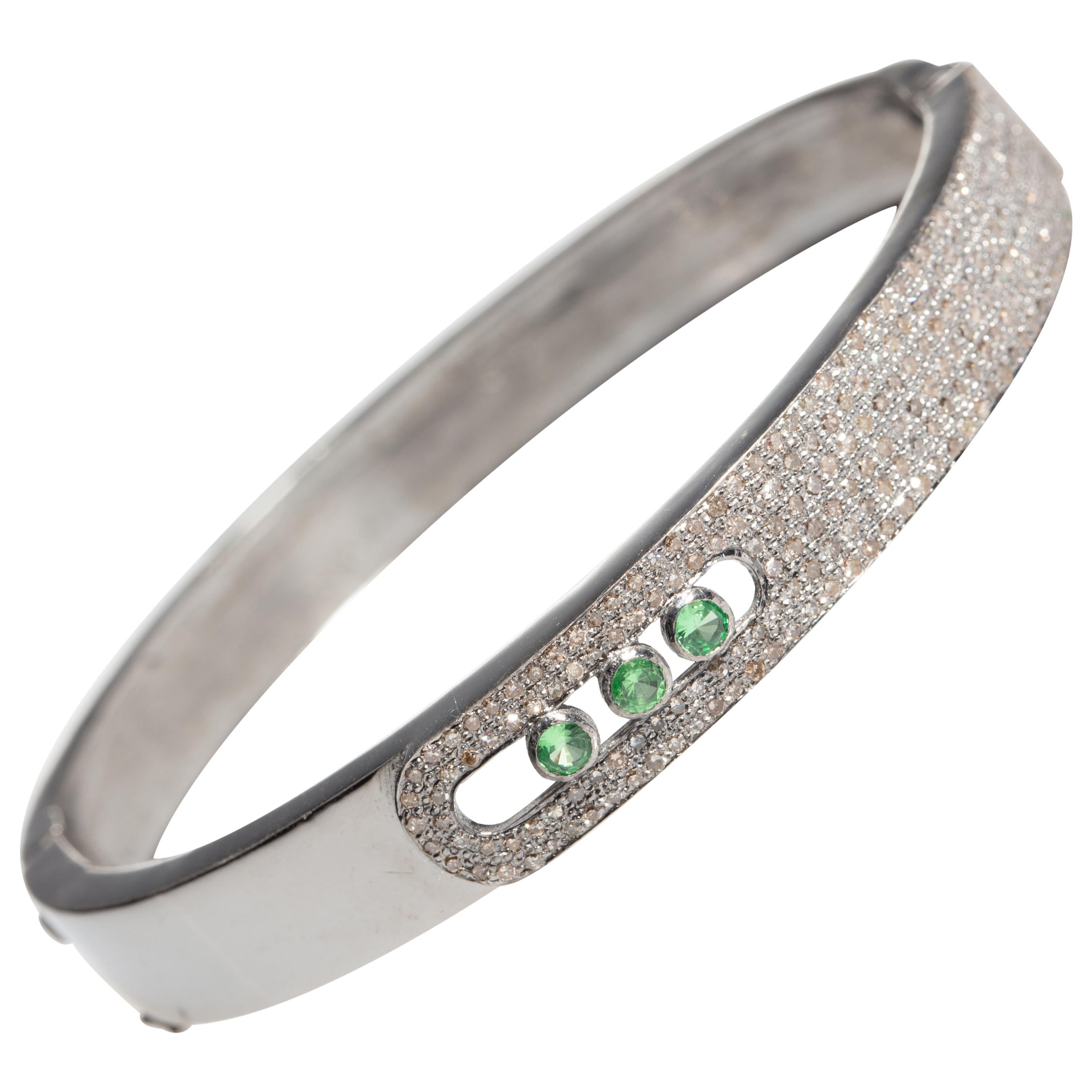 Pave` Diamond and Tsavorite Bangle Bracelet with Clasp