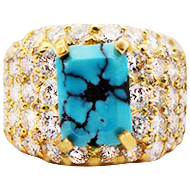 Pave Diamond and Turquoise Wide Band Ring 2.50 Carat of VS Quality in 18 Karat