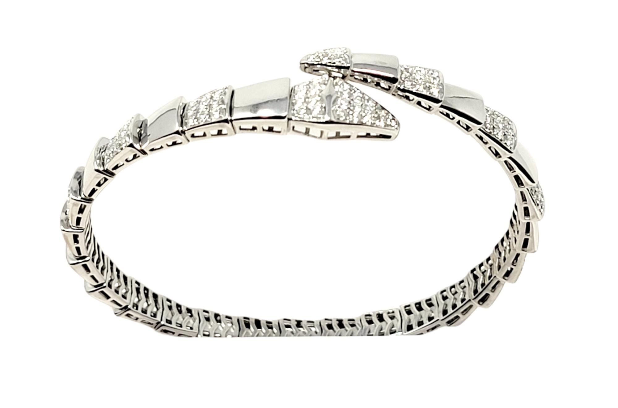 Round Cut Pave Diamond and White Gold Snake Motif Flexible Bypass Bangle Bracelet