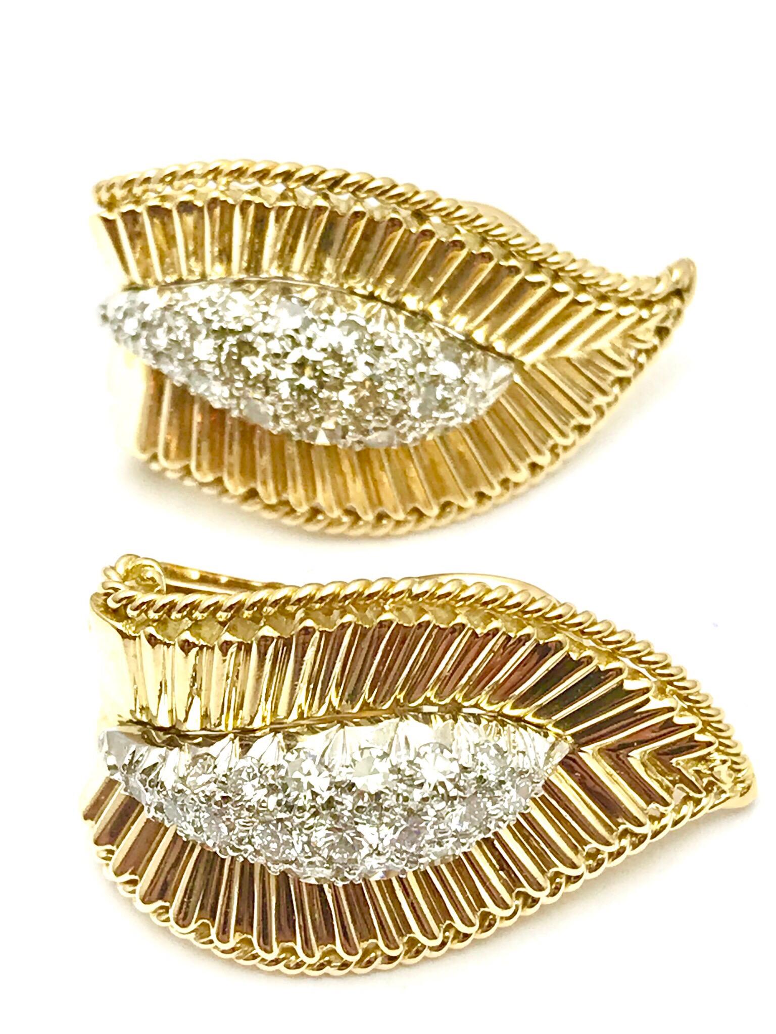 Retro Pave Diamond and Yellow Gold Leaf Clip Earrings For Sale