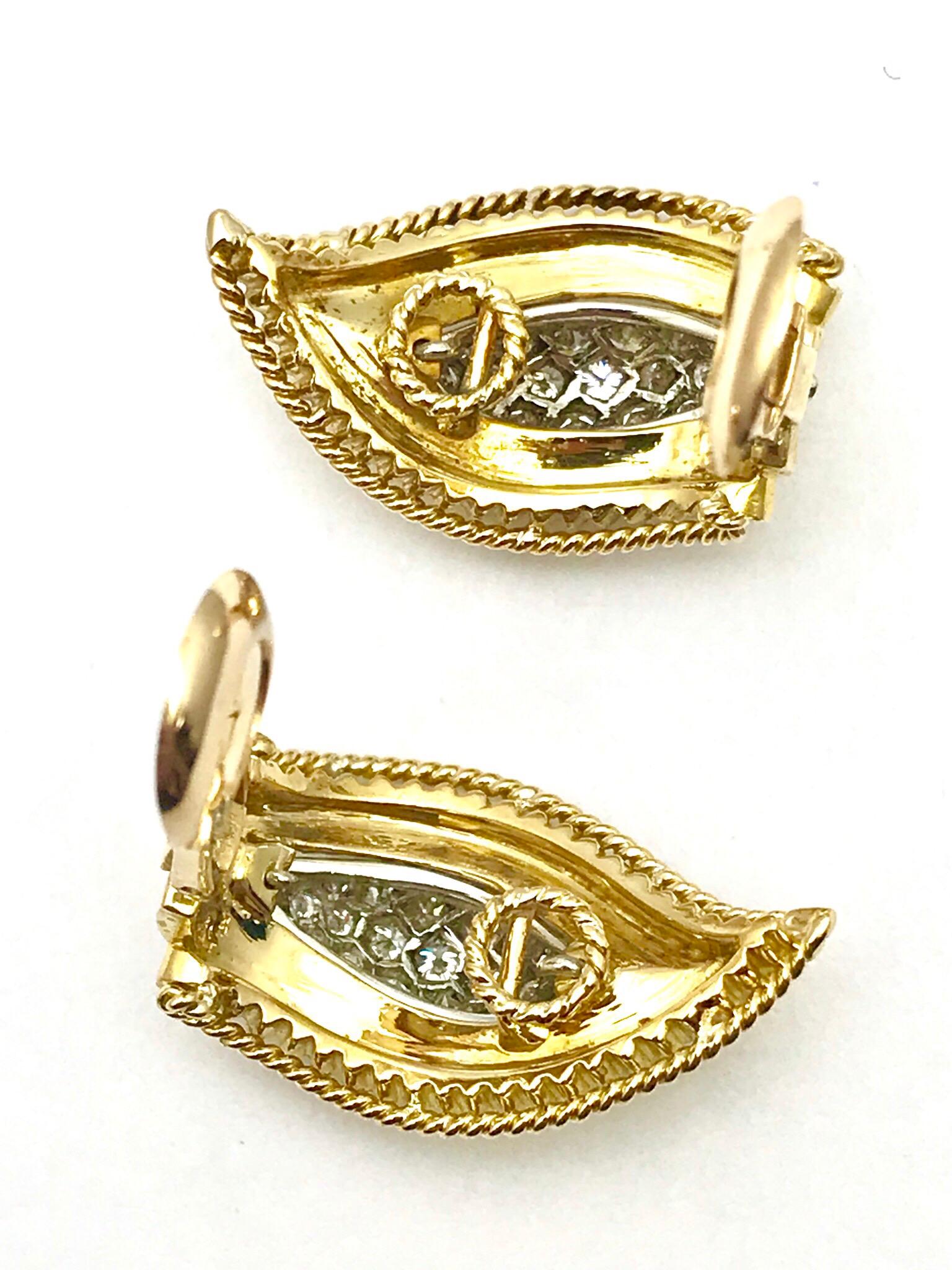 Women's Pave Diamond and Yellow Gold Leaf Clip Earrings For Sale