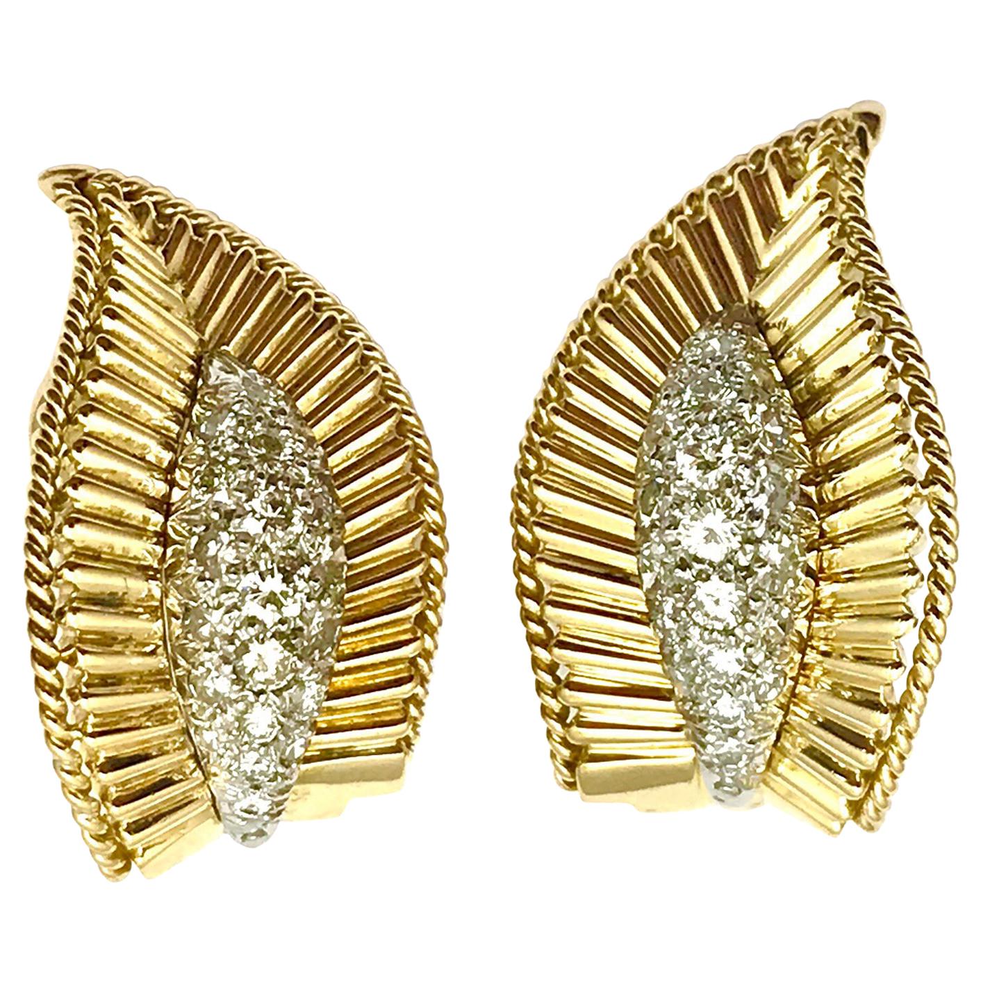 Pave Diamond and Yellow Gold Leaf Clip Earrings For Sale