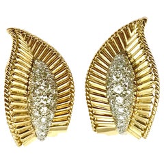 Vintage Pave Diamond and Yellow Gold Leaf Clip Earrings