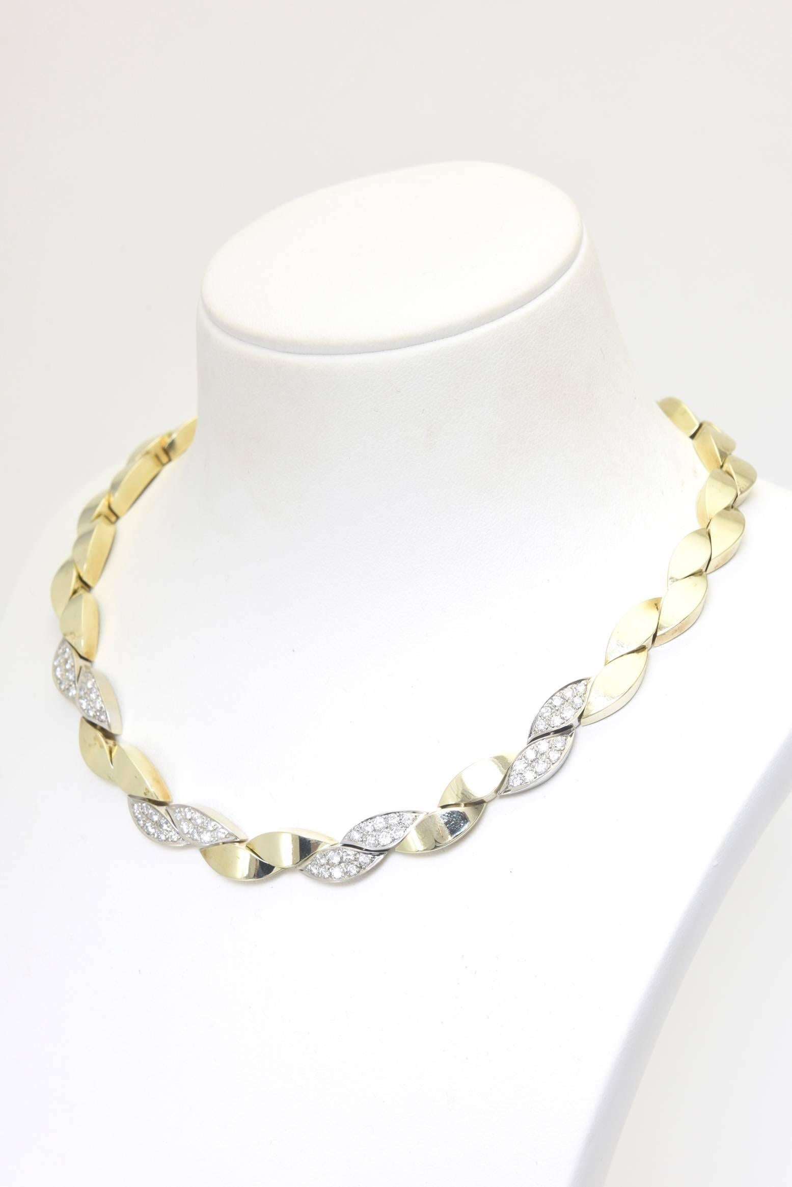 Women's Pave Diamond and Yellow Gold Leaf Link Necklace For Sale