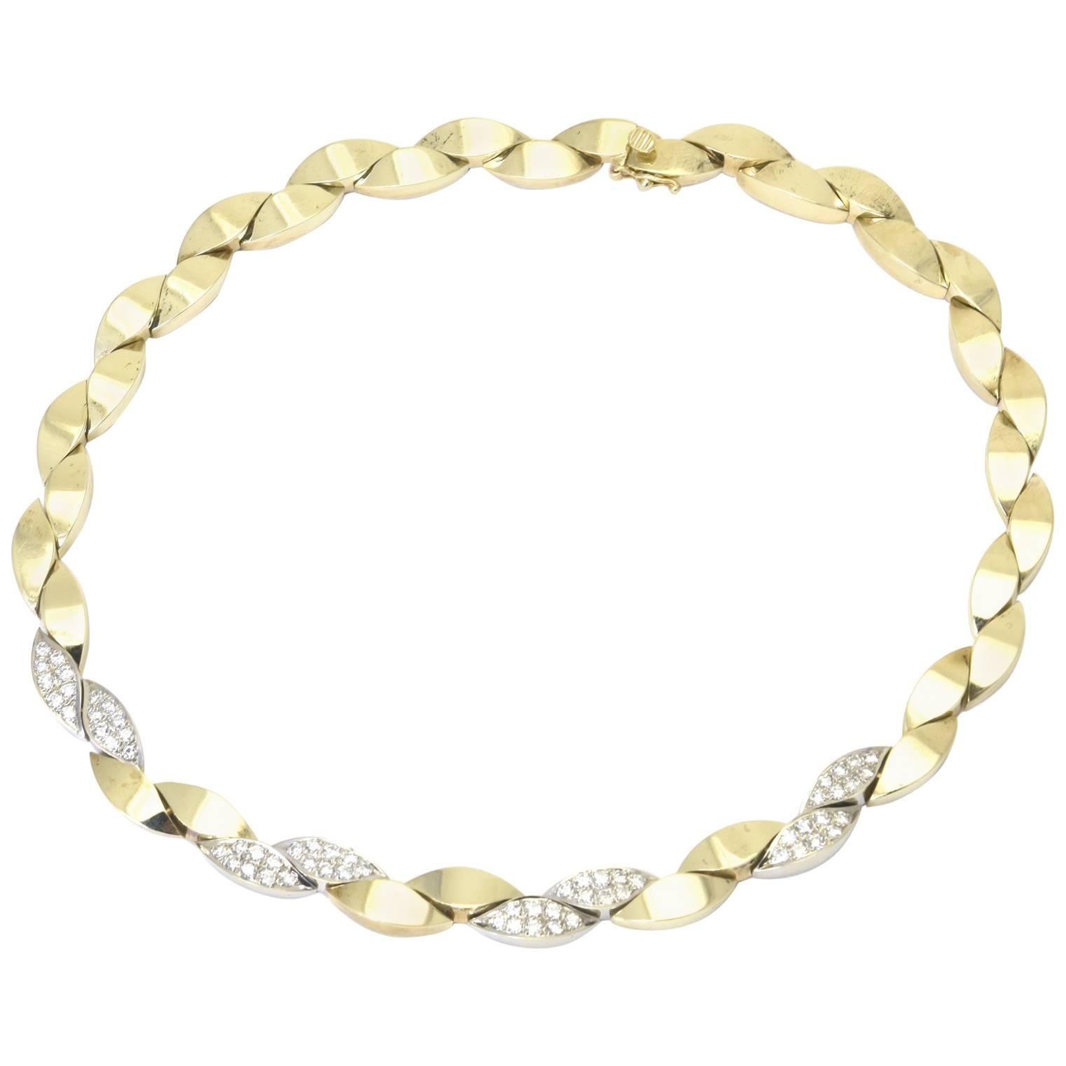 Pave Diamond and Yellow Gold Leaf Link Necklace For Sale