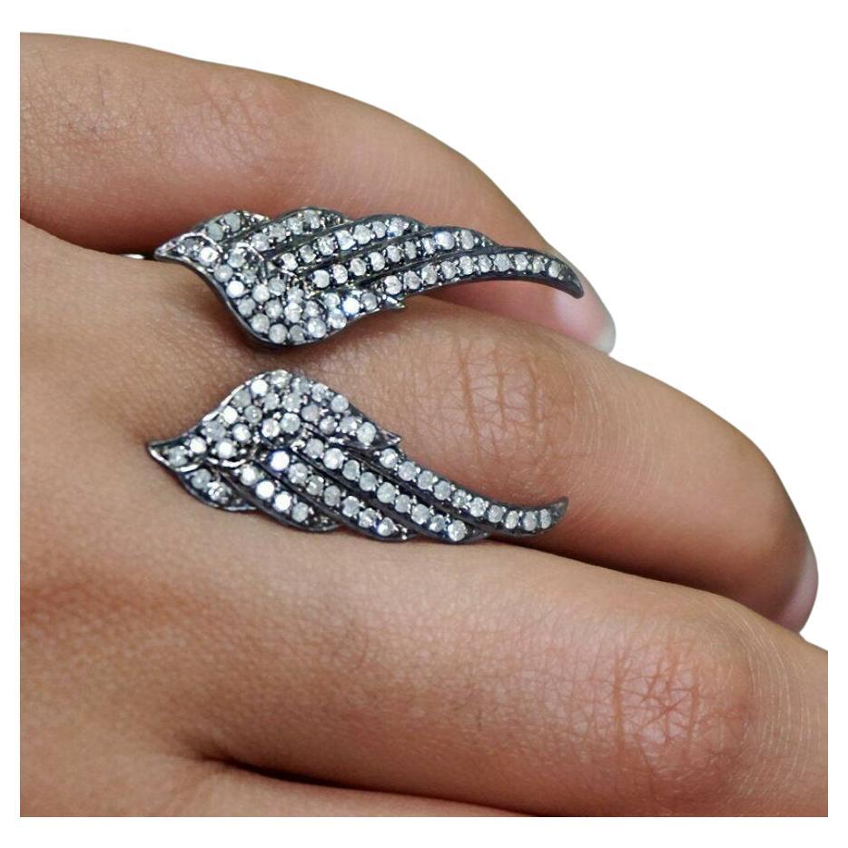 Pave Diamond Angel Wing Ring 925 Silver Diamond Cuff Ring Birthday Gift For Sale