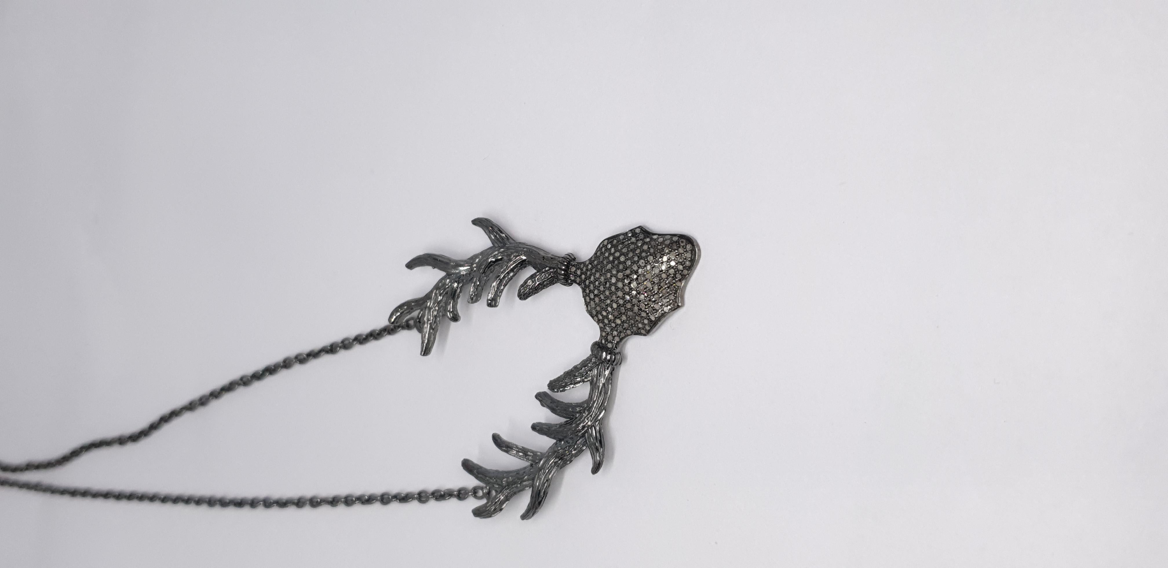 Victorian Pave Diamond Antler Deer Necklace 925 Sterling Silver Necklace Diamond Necklaces For Sale