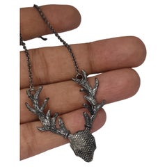 Used Pave Diamond Antler Deer Necklace 925 Sterling Silver Necklace Diamond Necklaces