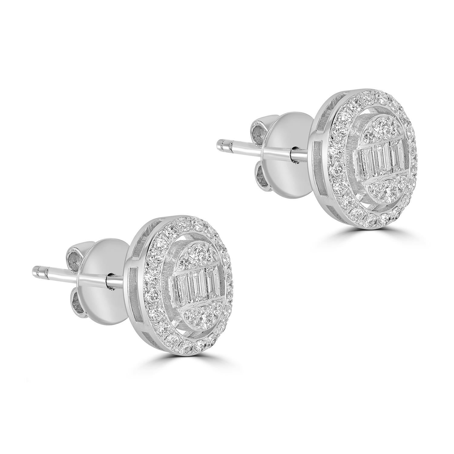 Art Déco Pave Diamond & Baguette Diamonds Minimal Studs in oro bianco 18k in vendita
