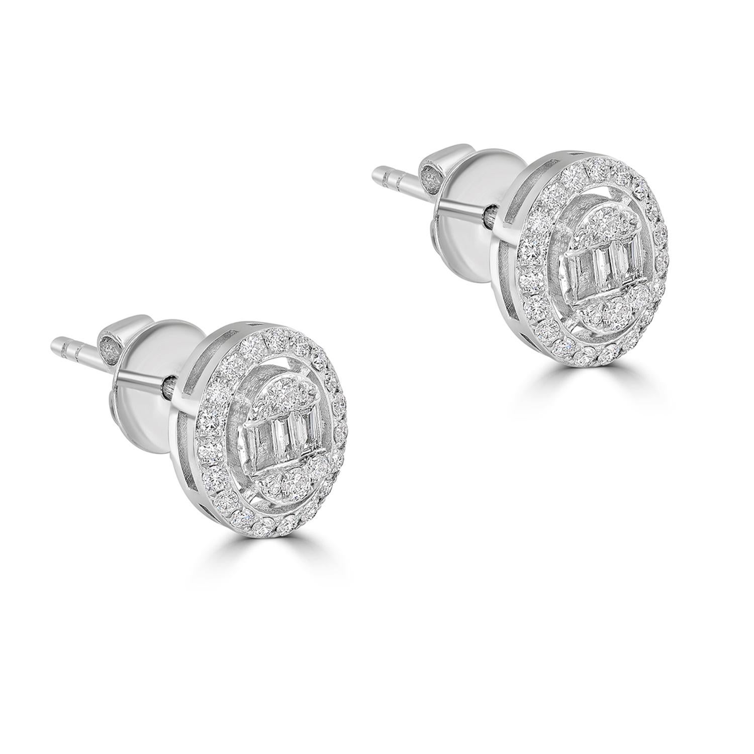 Art déco Boucles d'oreilles minimales en or blanc 18 carats avec diamants pavés et diamants baguettes en vente