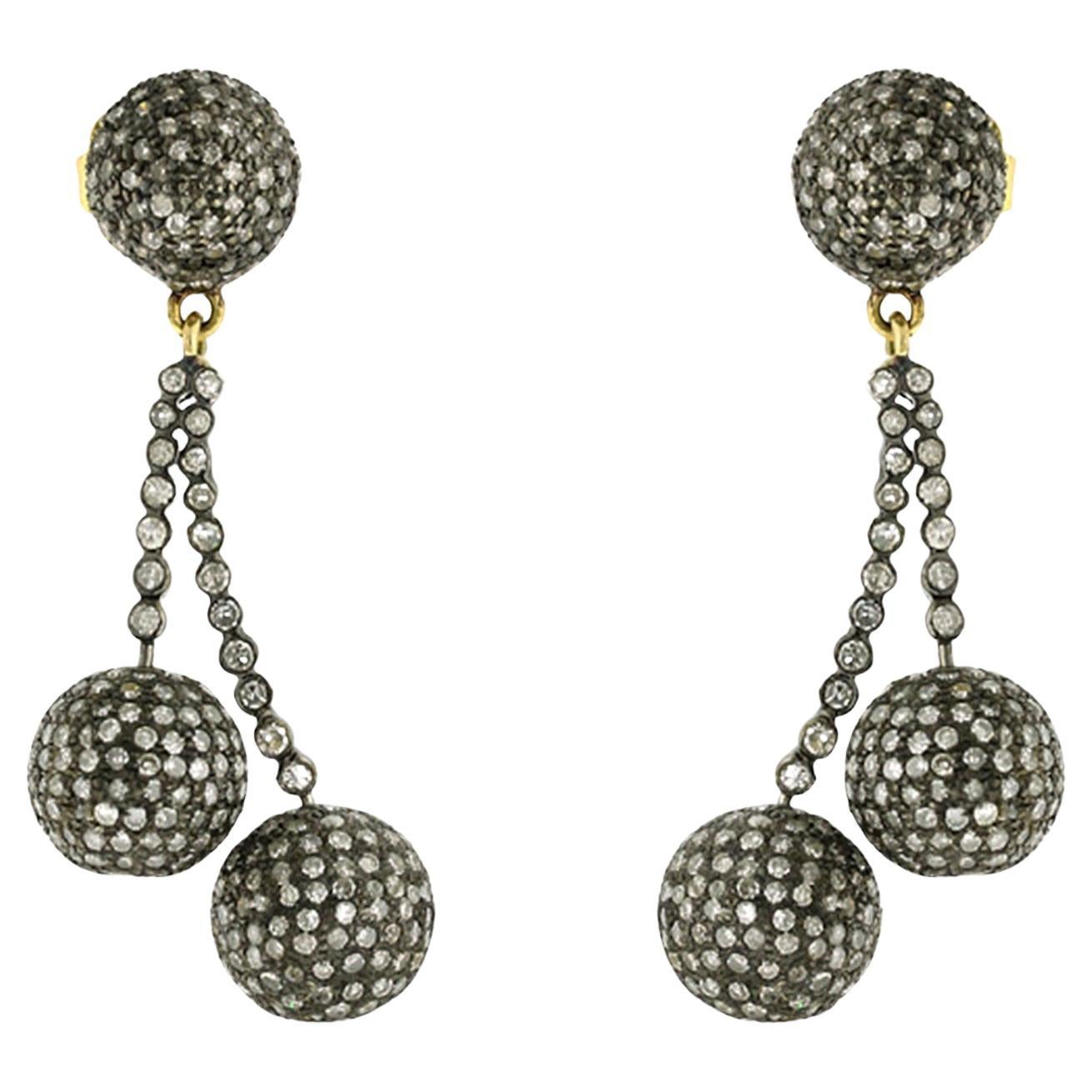 Pave Diamond Ball bead Earrings Made In 18k yellow Gold For Sale