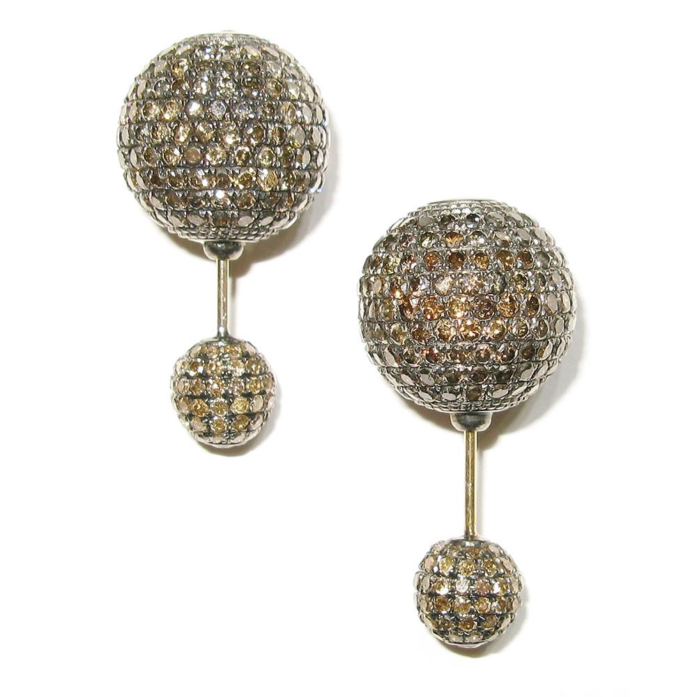 Taille mixte Boucles d'oreilles Pave Diamond Ball and Ball en or 18k et argent en vente
