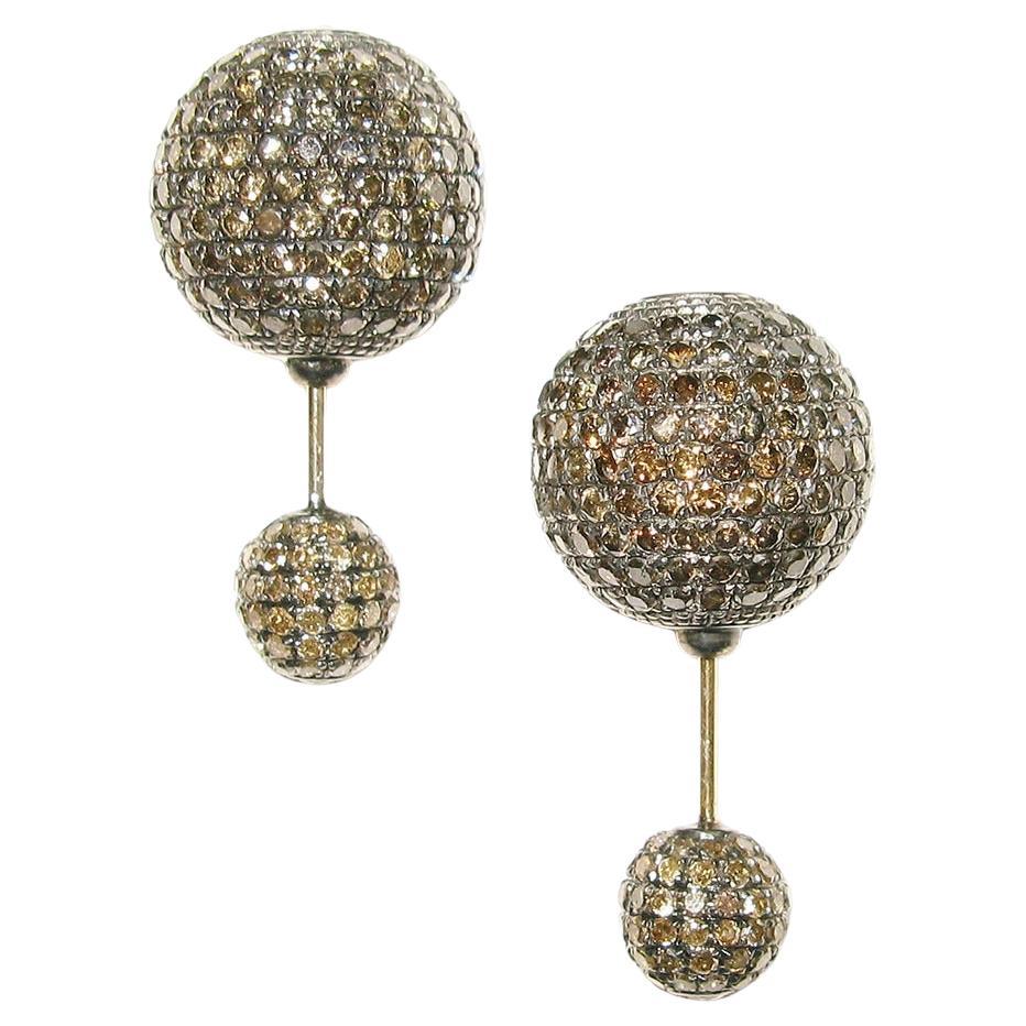 Boucles d'oreilles Pave Diamond Ball and Ball en or 18k et argent en vente