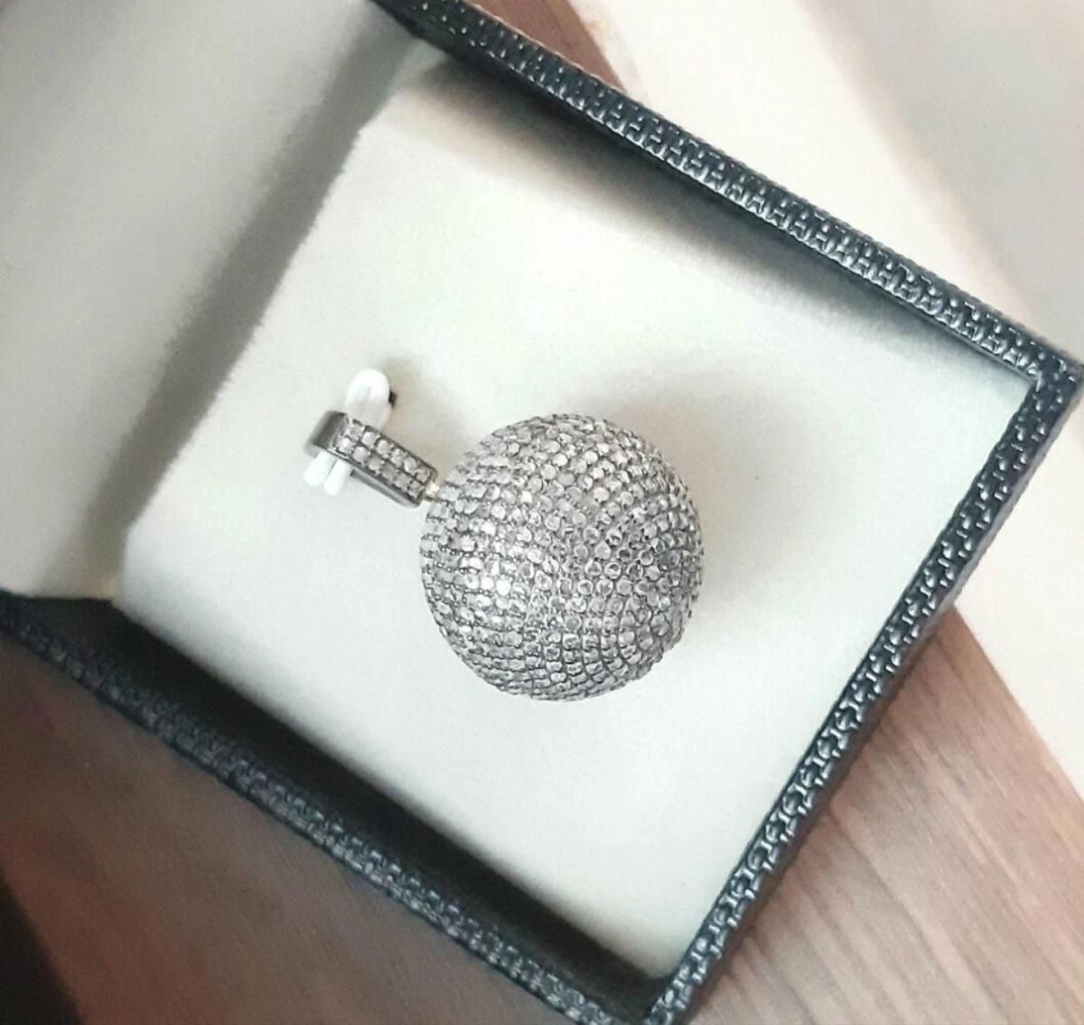 Art Deco Pave Diamond Ball Pendant 925 Silver Diamond Wedding Necklace Charm Gift. For Sale