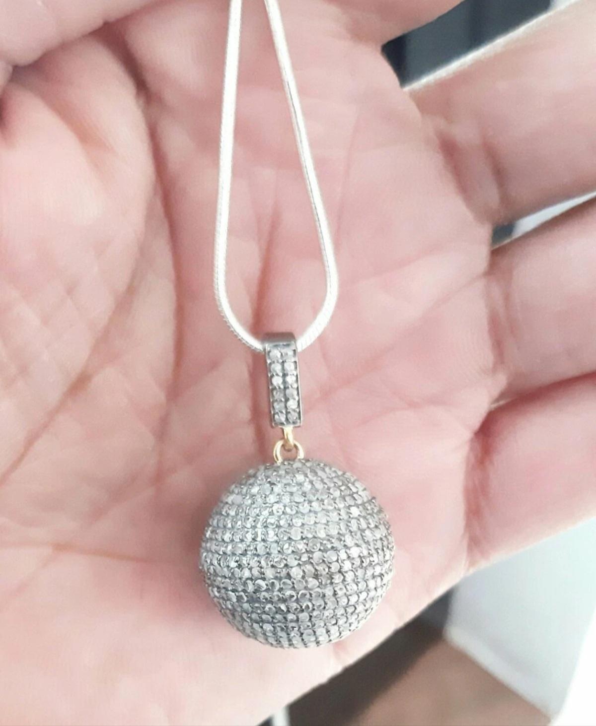 Pave Diamond Ball Pendant 925 Silver Diamond Wedding Necklace Charm Gift. In New Condition For Sale In Chicago, IL