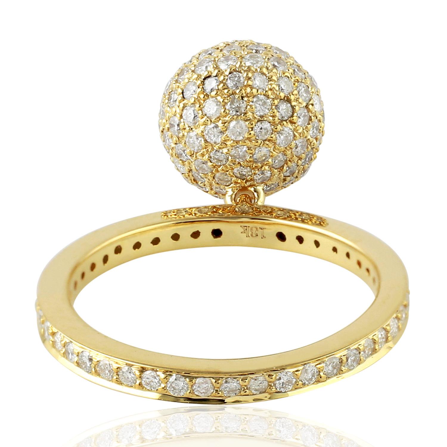 Artisan Pave Diamond Ball Ring Made In 18k Yellow Gold